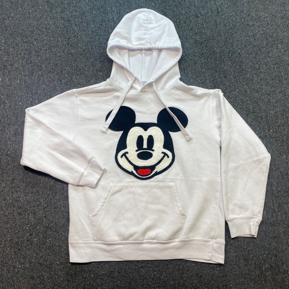 Mickey Mouse Hoodie Sz L White Streetwear Chenille Patch Graphic MYSJUK2-3L52